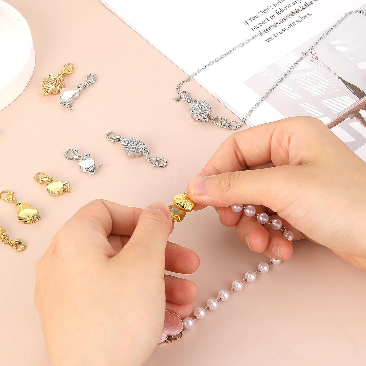 Qianyu12 Pcs 6 Styles Suction Necklace Clasps and Closures Gold and Silver Plated Jewelry Extender Locking Suction Lobster Bracelet Clasp Helper for Jewelry Necklaces Bracelets Making