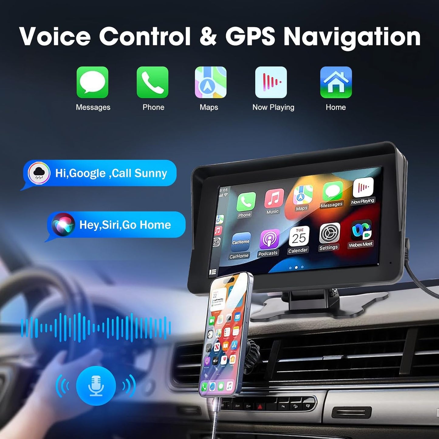 Portable Wireless Car Stereo with Apple CarPlay/Android Auto,7" HD Portable Touch Screen Car Radio Multimedia Player with Bluetooth, Navigation, Mirror Link for All Vehicles（No Backup Camera）