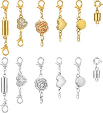 Qianyu12 Pcs 6 Styles Suction Necklace Clasps and Closures Gold and Silver Plated Jewelry Extender Locking Suction Lobster Bracelet Clasp Helper for Jewelry Necklaces Bracelets Making