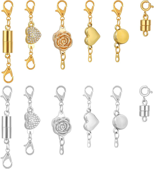 Qianyu12 Pcs 6 Styles Suction Necklace Clasps and Closures Gold and Silver Plated Jewelry Extender Locking Suction Lobster Bracelet Clasp Helper for Jewelry Necklaces Bracelets Making