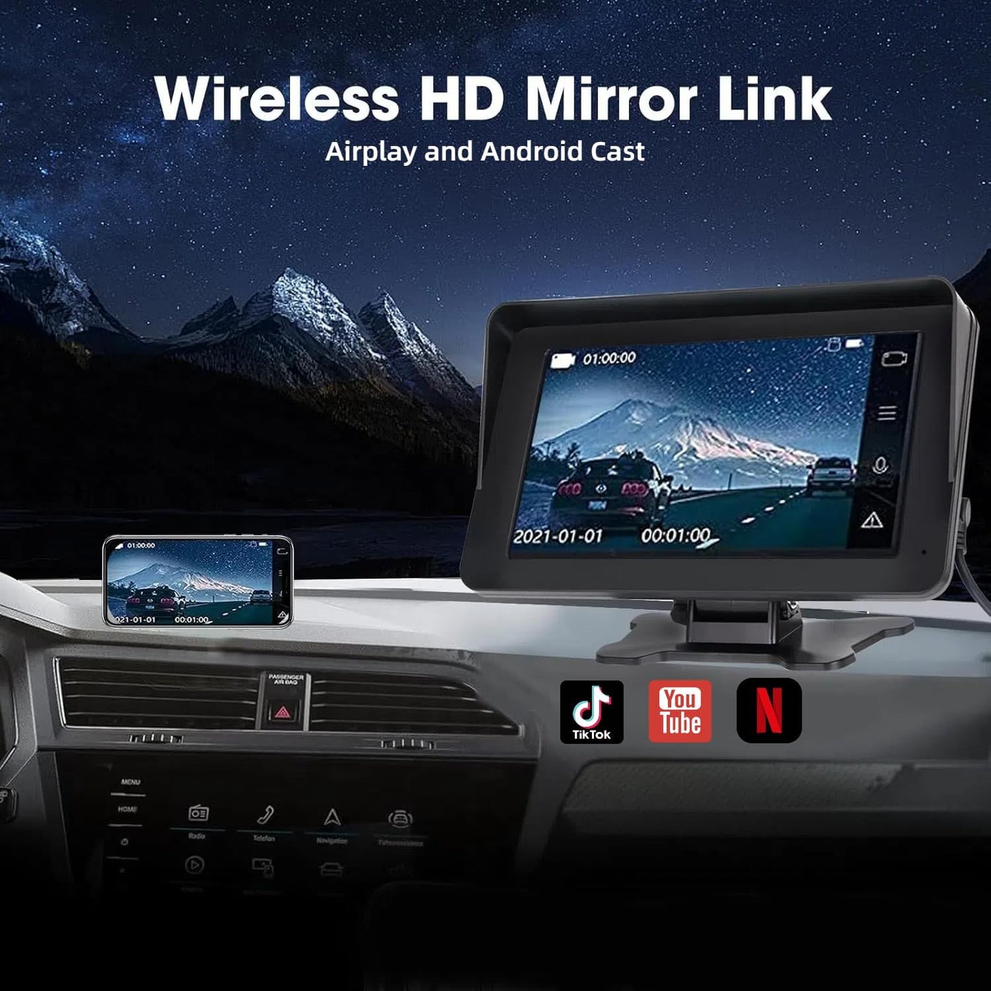 Portable Wireless Car Stereo with Apple CarPlay/Android Auto,7" HD Portable Touch Screen Car Radio Multimedia Player with Bluetooth, Navigation, Mirror Link for All Vehicles（No Backup Camera）